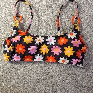 Hippie Floral Print Size Small Swimsuit Top Orange Pink White Yellow Black